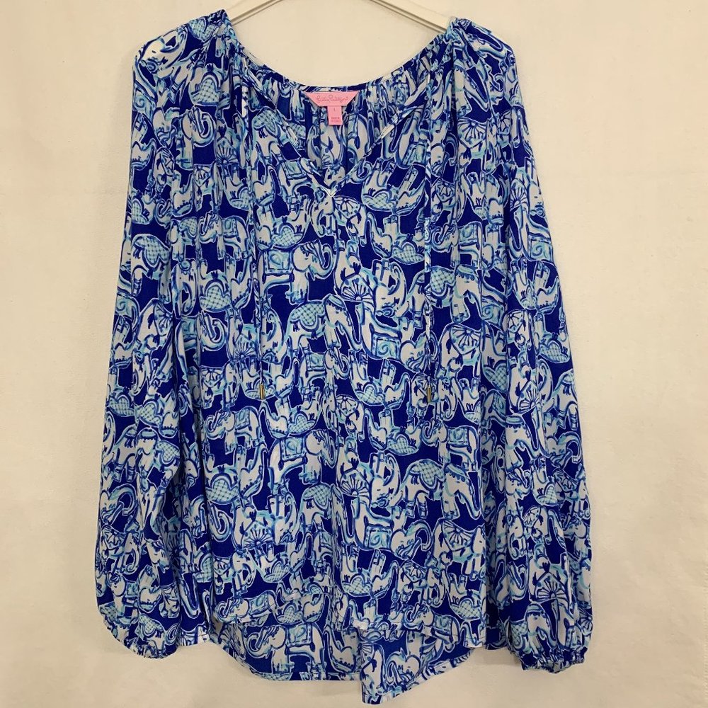 Lilly Pulitzer Willa Getting Trunky Elephant Top Large Bomber Blue Get Trunky